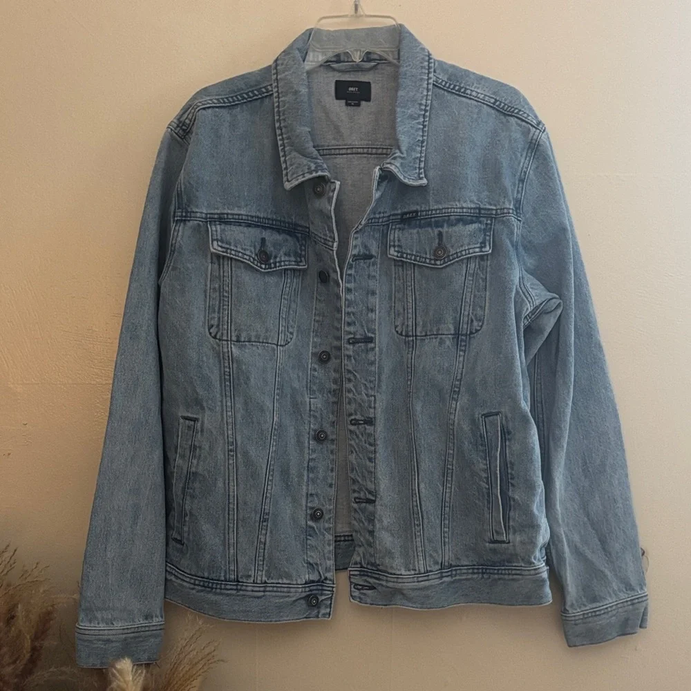 Obey Worldwide Jean Jacket Light Blue Denim Fist Earth Shatter Graphic Black XL - Picture 3 of 16